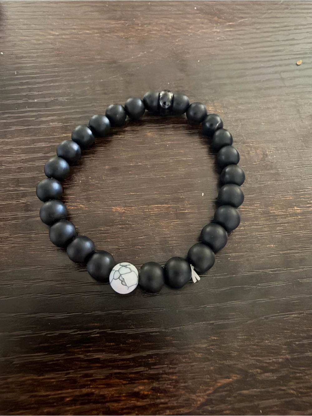 Matte Black Beaded Stretch Bracelet with White Marbled Accent